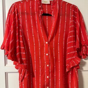 Anthropologie Maeve Red Button Down with Flutter Sleeves Blouse Top (Size M)